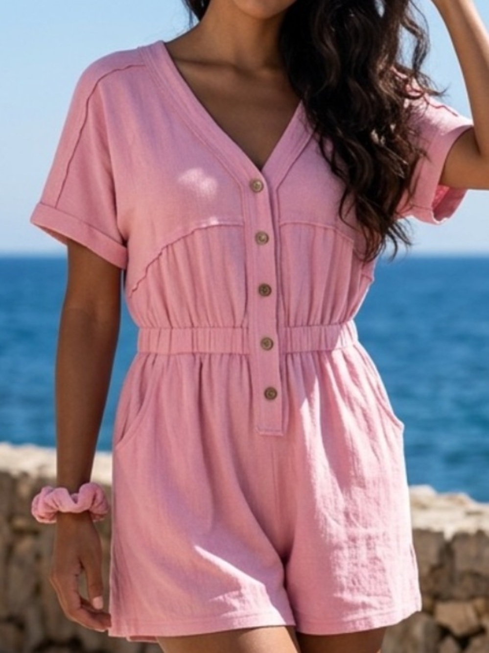 Relaxed Pink V-Neck Button Front Romper with Pockets